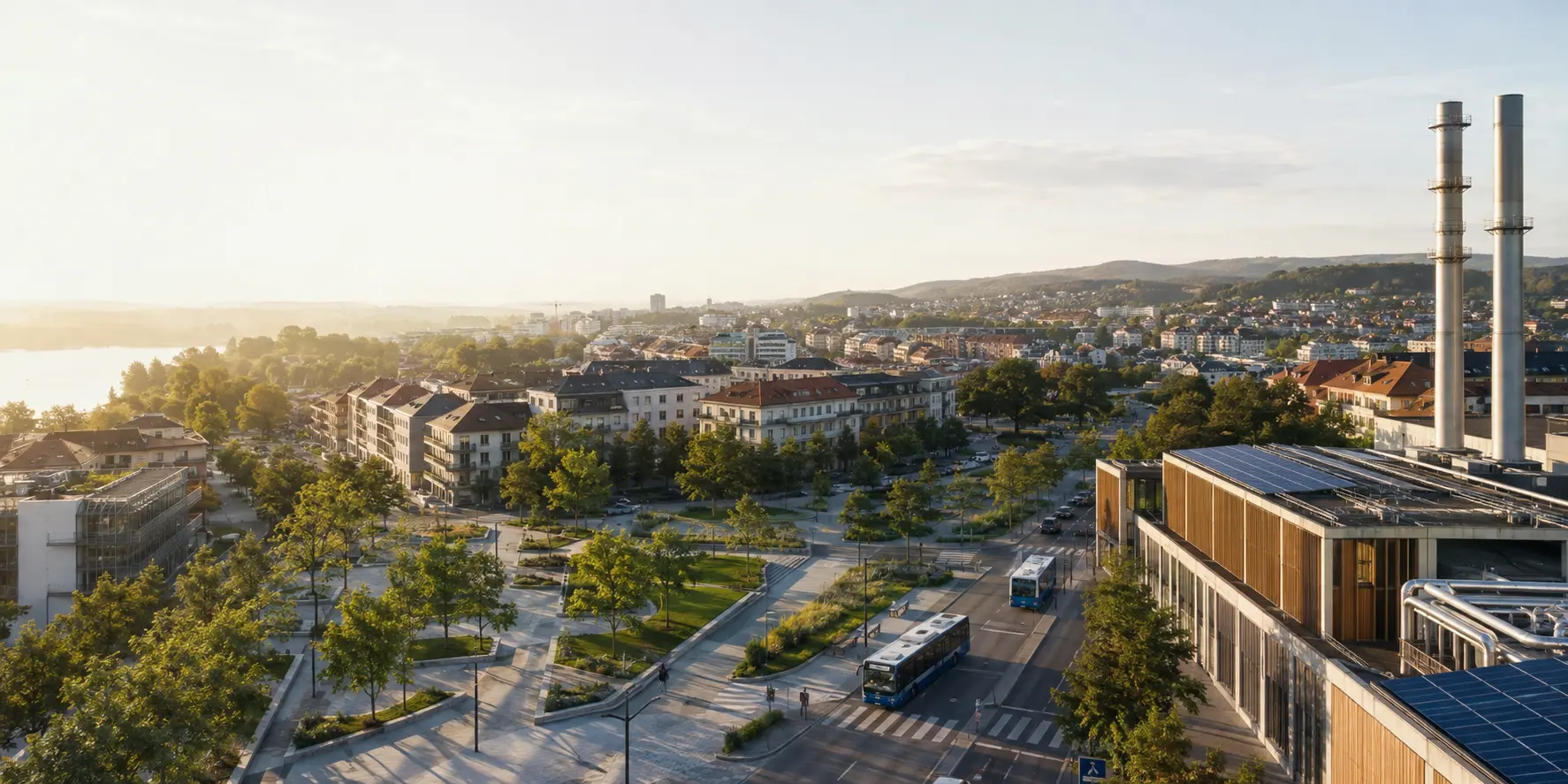 Europäische Stadt mit öffentlichen Räumen, Elektrobussen, Solardächern und moderner kommunaler Energieinfrastruktur